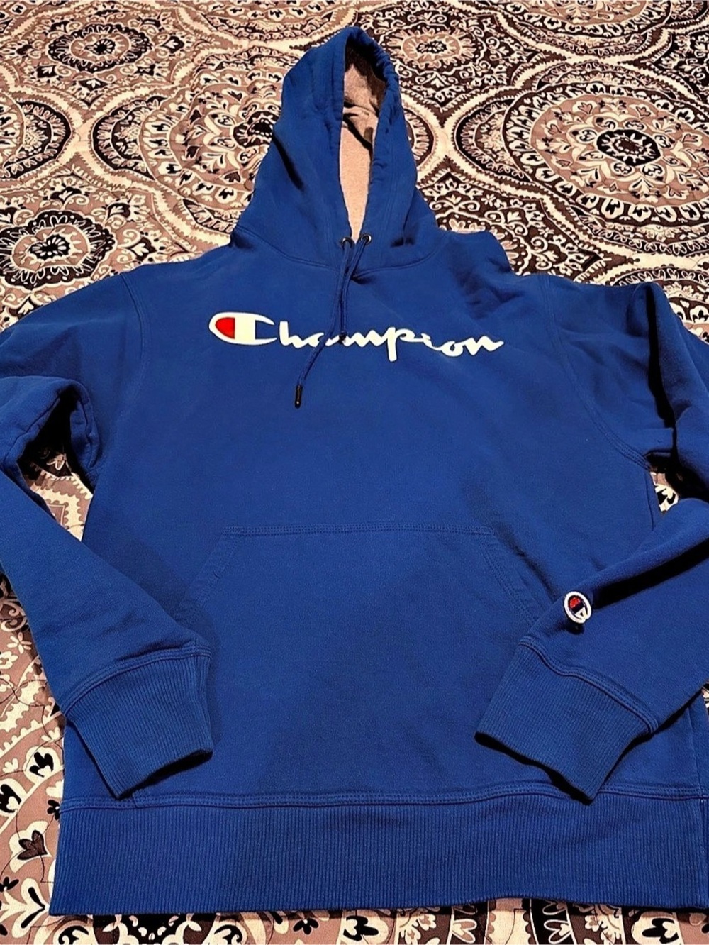 Champion Powerblend Script Logo Pullover Hoodie Blue Large